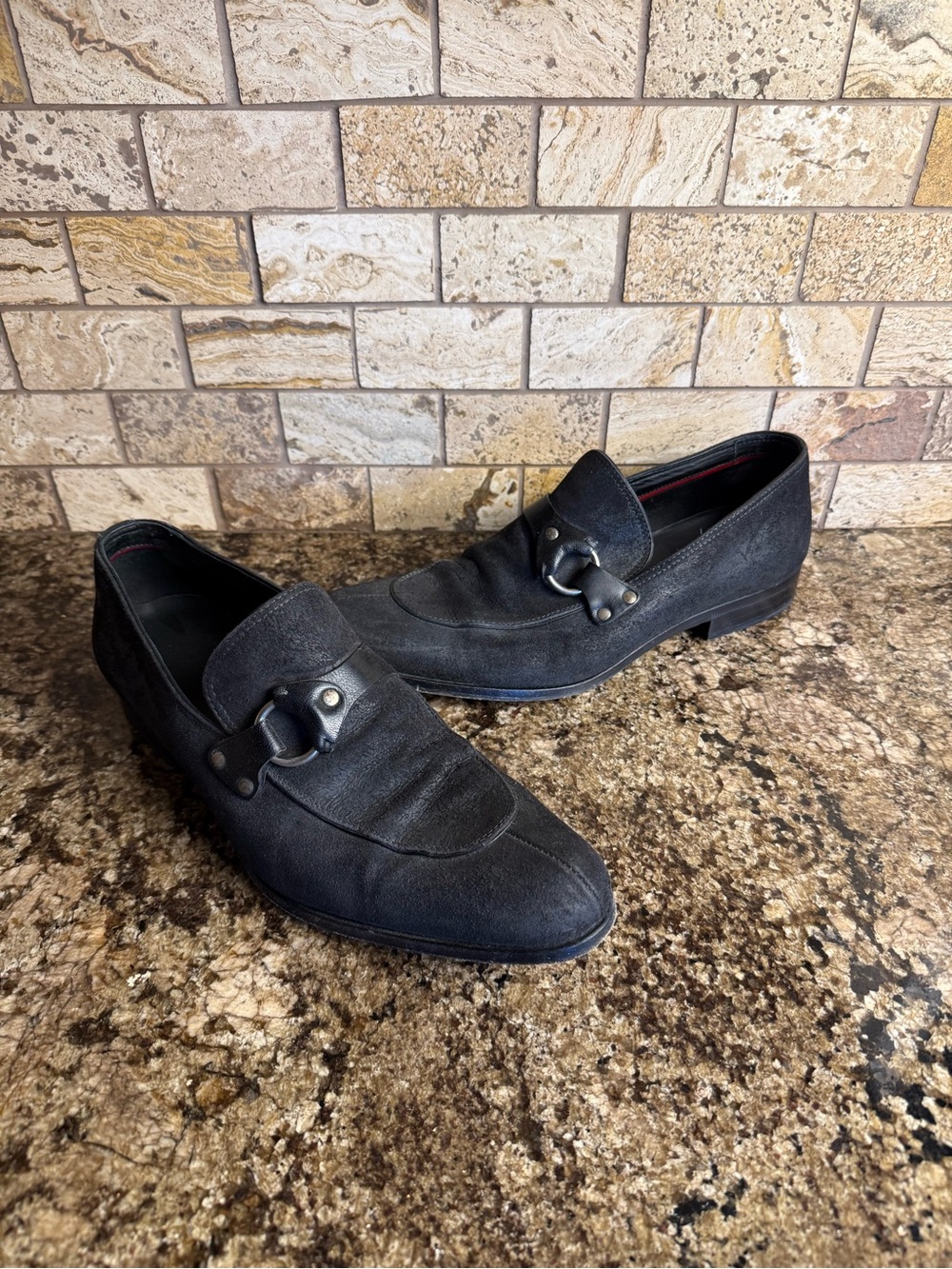 Hugo Boss Size 42 Sueded Leather Loafers Side Bit Black.